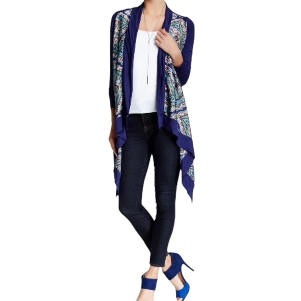 NWT Vertigo Satin High Low Paisley Scarf Royal Blue Long Sleeve Drape‎ Cardigan